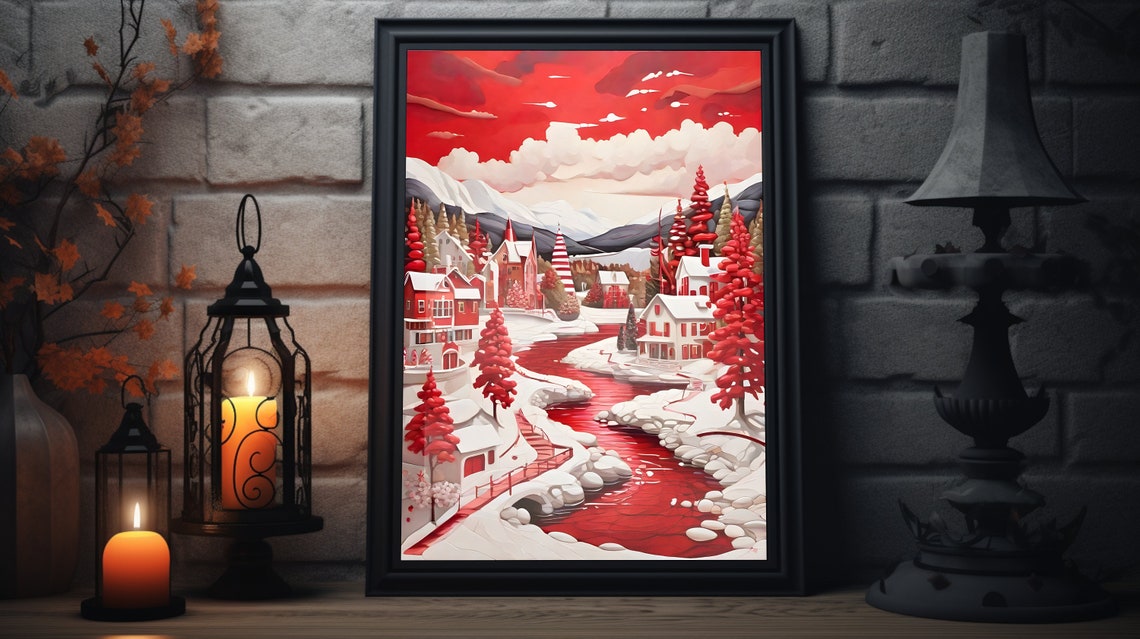 Christmas Forest Red Winter Village Folk Art River Scene Poster
