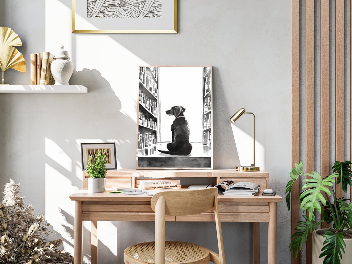 Black Labrador Sitting In Liquor Store Black White Ink Sketch Poster - Image 4