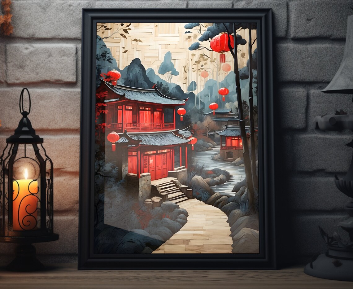 Chinese New Year Red Lantern Pavilion Misty Mountains Lunar Art Poster