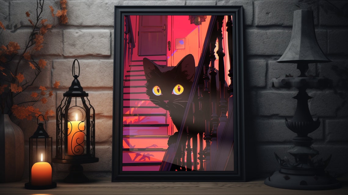 Halloween Cat Wall Art Original Artwork Of Spooky Black Cat In A Cute Halloween Scene