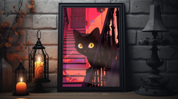 Halloween Cat Wall Art Original Artwork Of Spooky Black Cat In A Cute Halloween Scene