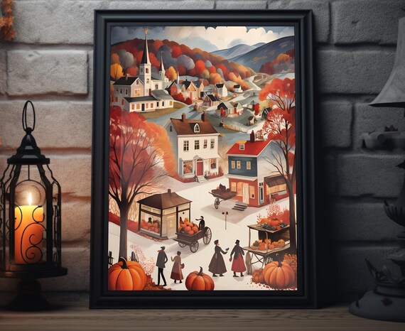 Autumn Town Square Pumpkin Market Church Red Foliage Fall Poster