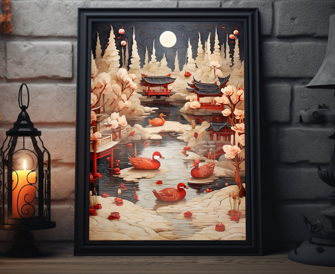Chinese New Year Red Ducks Moonlit Pagoda Pond Lunar Night Art Poster
