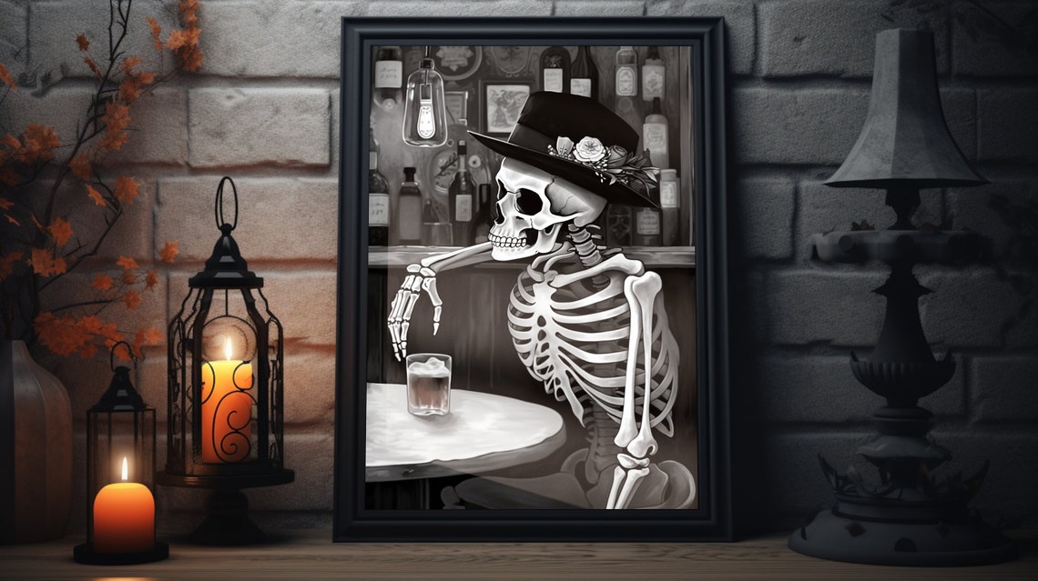 Skeleton Alcohol Bar Black And White Halloween Poster Halloween Bar Cart Art Cute Fall Art Prints Home Bar Decorations