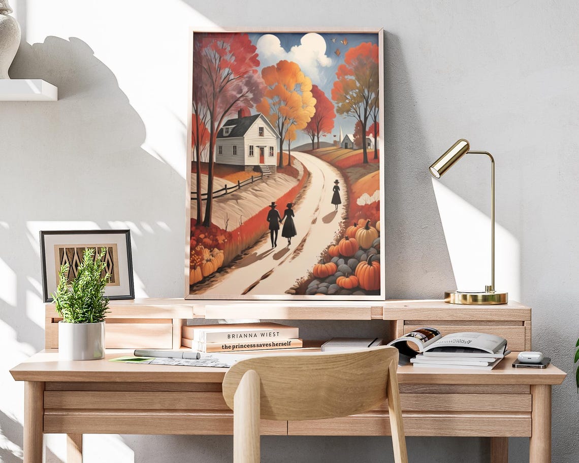 Autumn Walk Folk Art Print Thanksgiving Pumpkin Wall Art Fall Farmhouse Painting Country Lane Decor Cozy Harvest Season Poster Print - Image 4