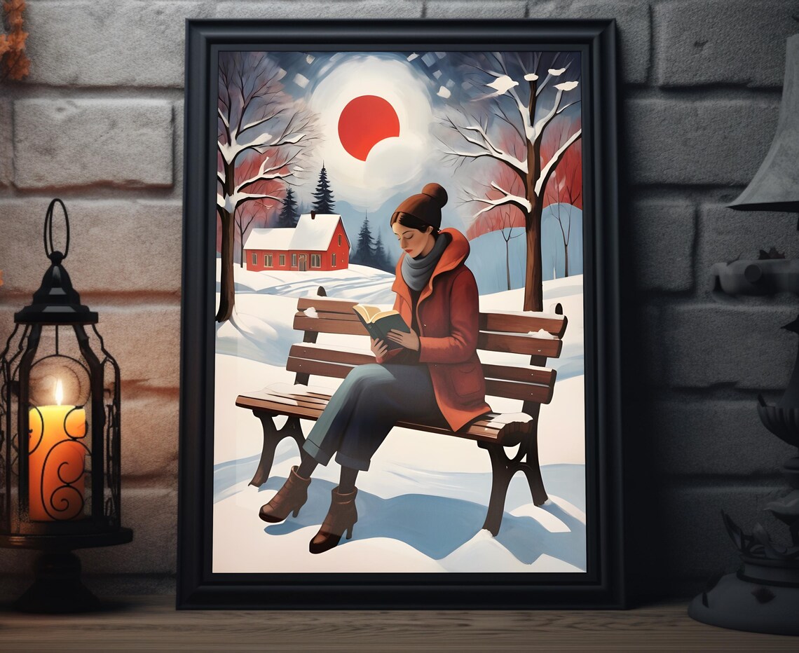 Winter Book Lover Woman Reading on Snowy Bench Cozy Folk Art Poster
