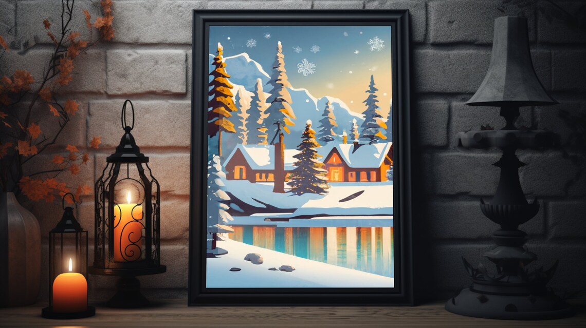 Winter Cabin Frozen Lake Mountains Snowflakes Dusk Christmas Poster