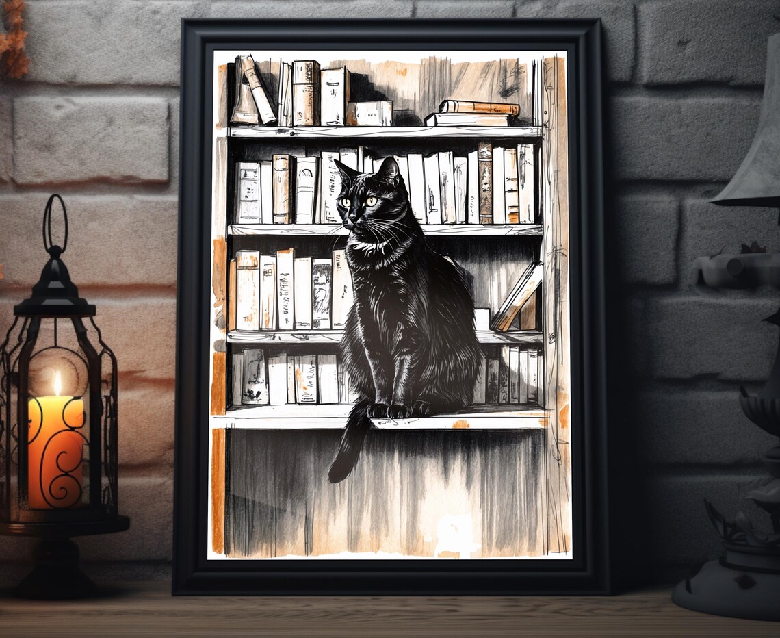 Black Cat Sitting On Bookshelf Ink Sketch Library Art Poster