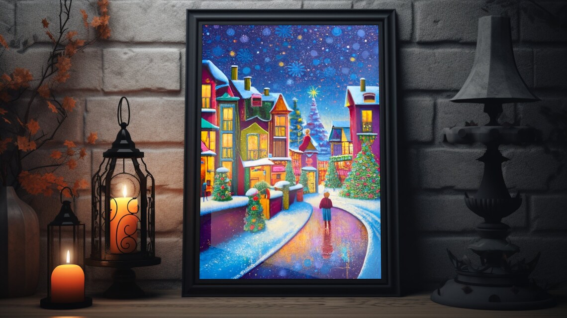 Christmas Town Starry Night Snowy Street Colorful Houses Winter Poster