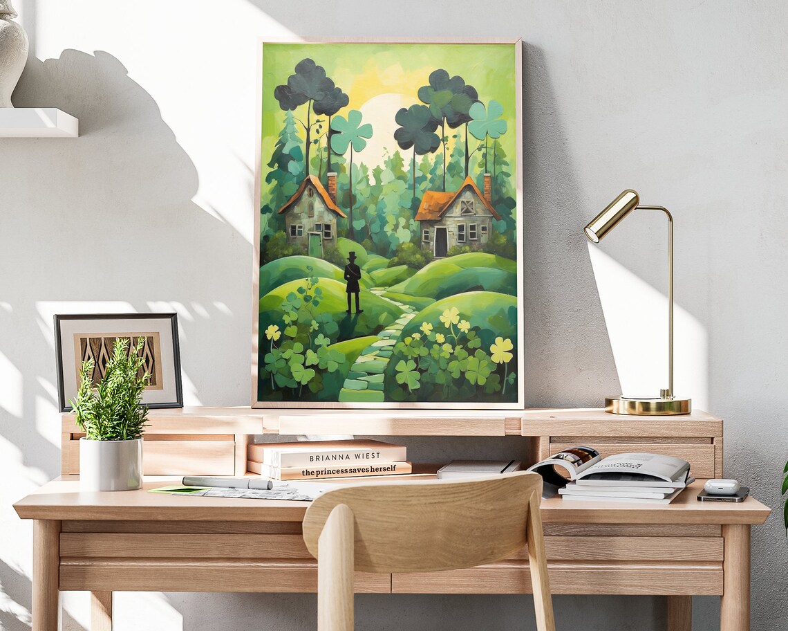 Ireland Whimsical Cottage Valley Clover Trees Leprechaun Folk Art Poster - Image 4