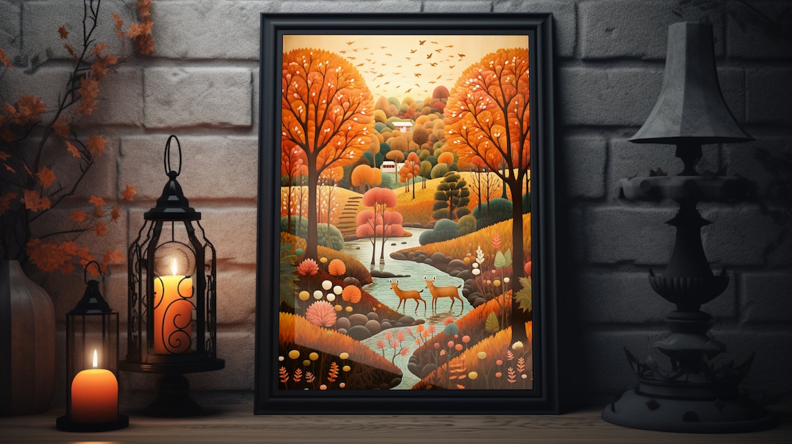 Deer In Fall Forest Folk Art Poster Print