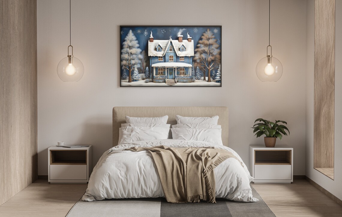 Snowy Blue Victorian House Folk Art Winter Night Scene Wall Art - Image 3
