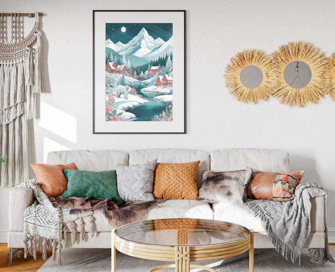 Polar Bear In Snowy Mountain Valley Night Moonlight Art Poster - Image 2