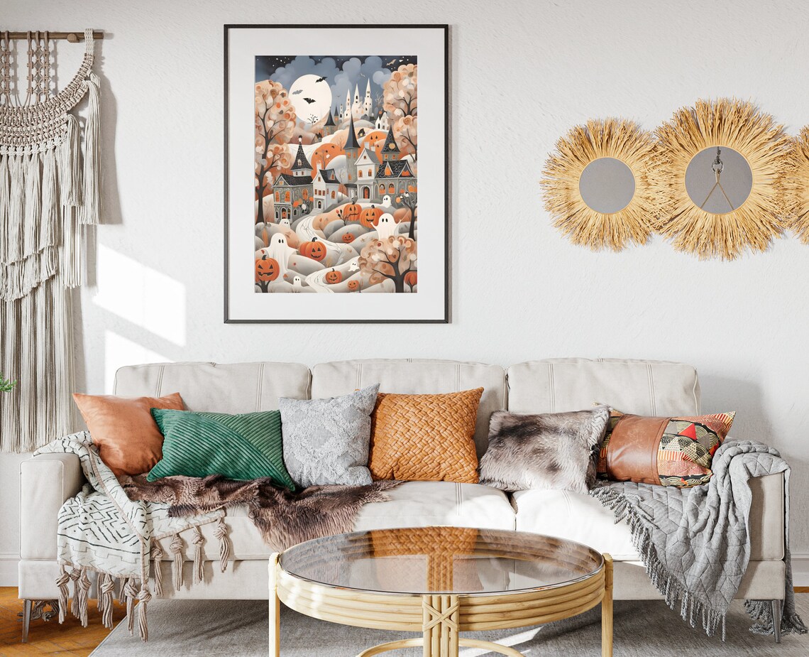 Cute Ghost Town Jack O Lantern Full Moon Vintage Halloween Art Poster - Image 2