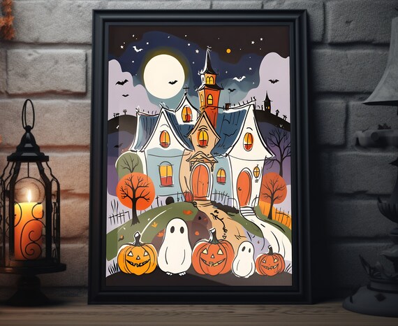 Haunted Halloween Mansion Ghosts Pumpkins Full Moon Night Poster