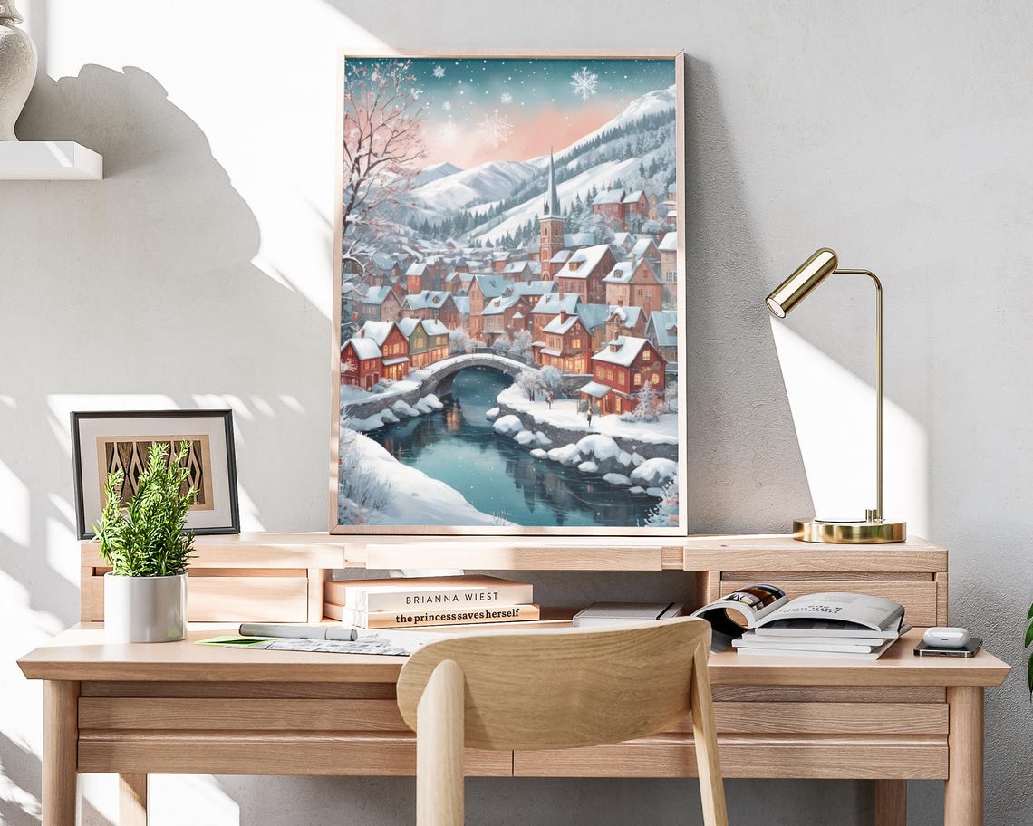 Winter Village Folk Art Print Snowy Church Town Painting Artwork Holiday Poster Wall Decor Christmas Winter Scene Art Print - Image 4