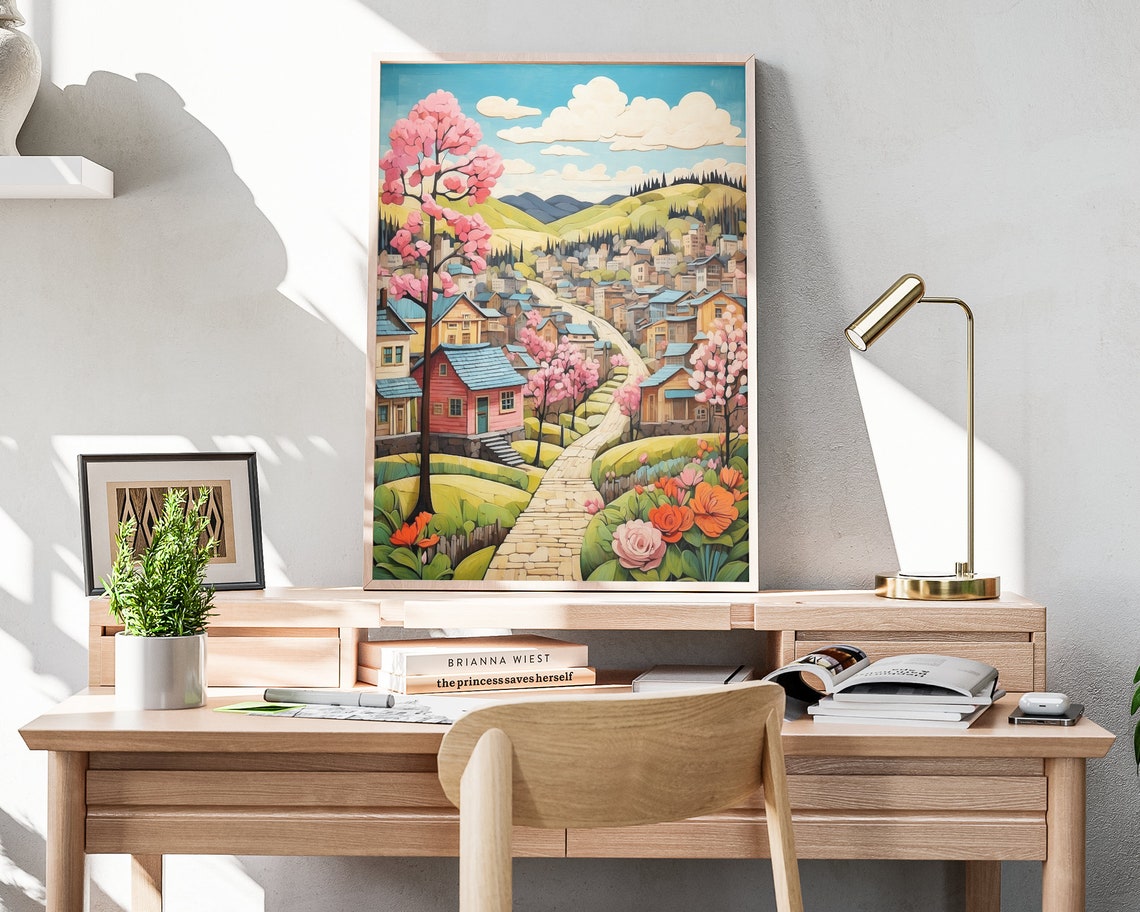 Spring Hillside Town Blossom Trees Winding Path Folk Art Poster - Image 4