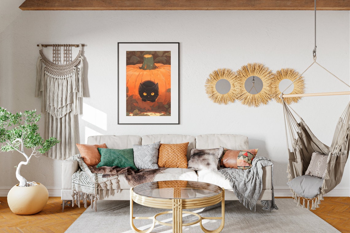 Halloween Cat Wall Art Fall Scene With Original Artwork Cute Black Cat And Pumpkin - Image 2