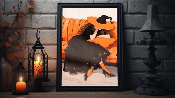Witch Napping On Pumpkin Orange Couch Black Dress Spooky Season Art Poster