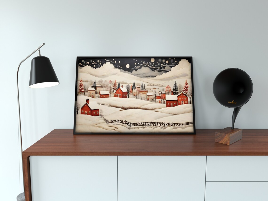 Snowy Valley Red Barns Moonlit Clouds Winter Christmas Night Poster - Image 2