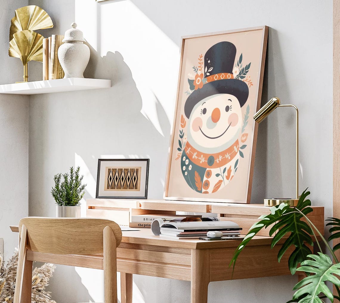 Boho Snowman Top Hat Patterned Scarf Smiling Winter Holiday Poster - Image 3