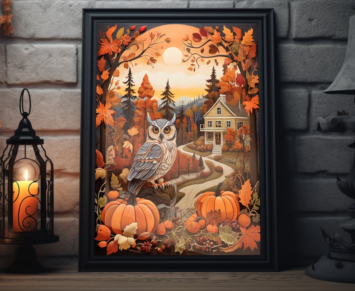 Fall Forest Owl Folk Art Print, Thanksgiving Decor