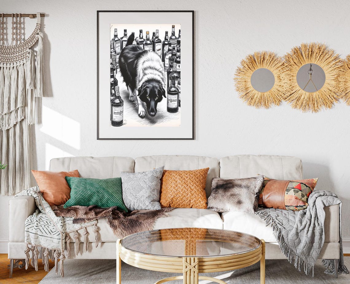Border Collie Walking Through Whiskey Bottles Bar Sketch Poster - Image 2