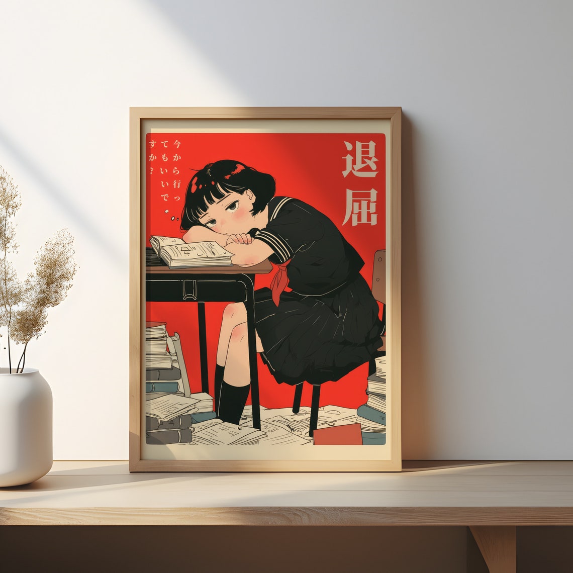 Bored Schoolgirl Napping at Desk Funny Japanese Anime Style Poster