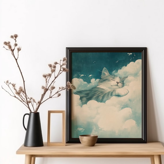 Napping Kitten in Clouds Dreamy Vintage Tabby Cat Teal Poster