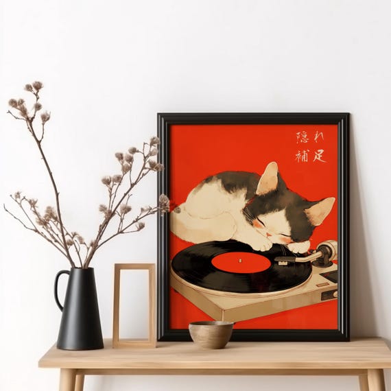 Cat Wall Art Record Player Poster Print