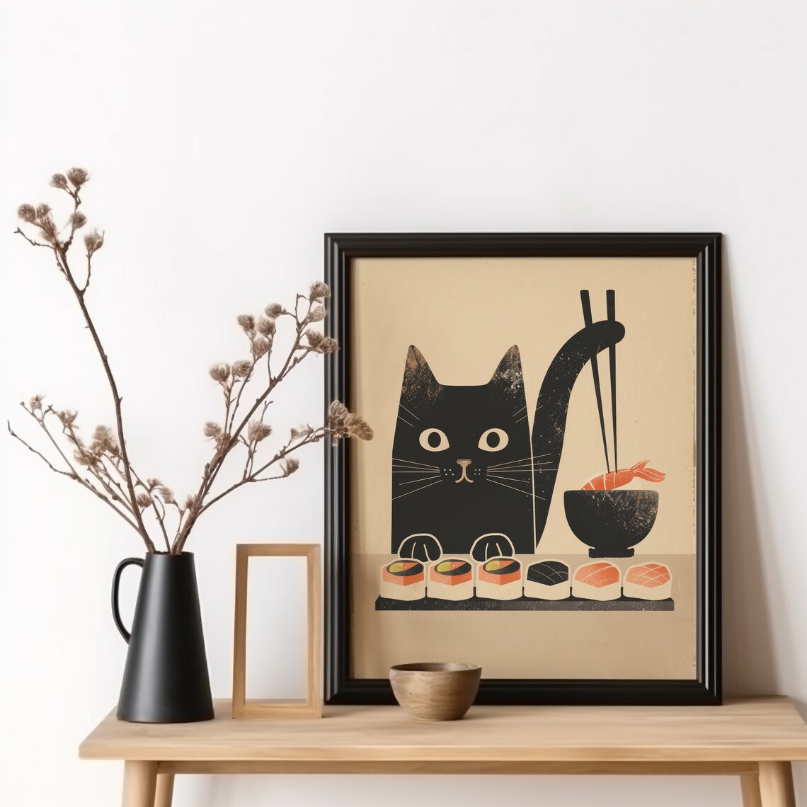Japanese Sushi Cat Black Art Print, Funny Kitchen Wall Art