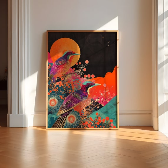 Japanese Birds And Flower Blossoms Poster Colorful Modern Illustration Psychedelic Art Retro Flowers Vibrant Style