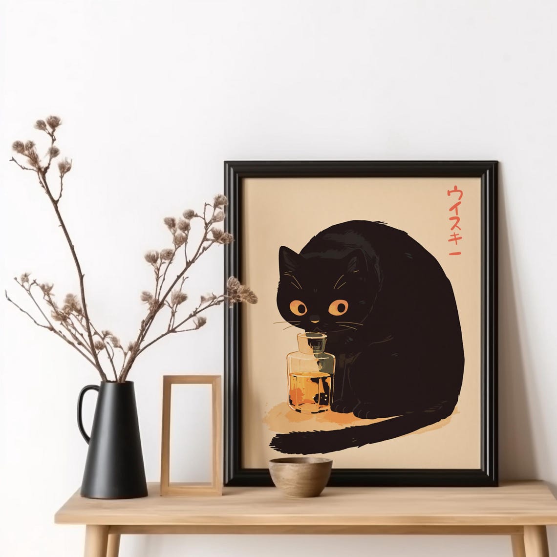 Japanese Whiskey Black Cat Round Eyes Anime Kitchen Art Poster