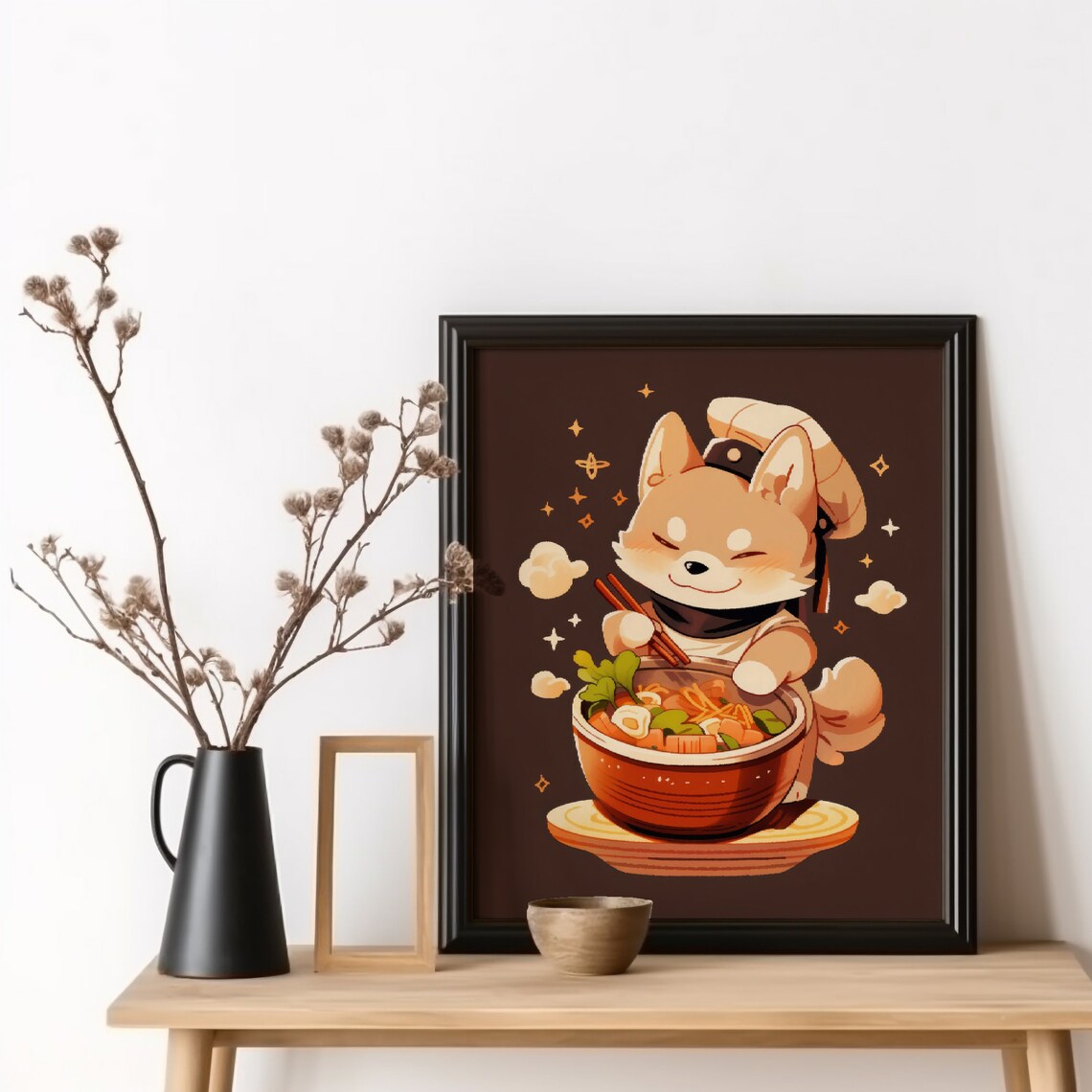 Shibe Ramen Noodles Dog Chef Art Print, Japan Kitchen