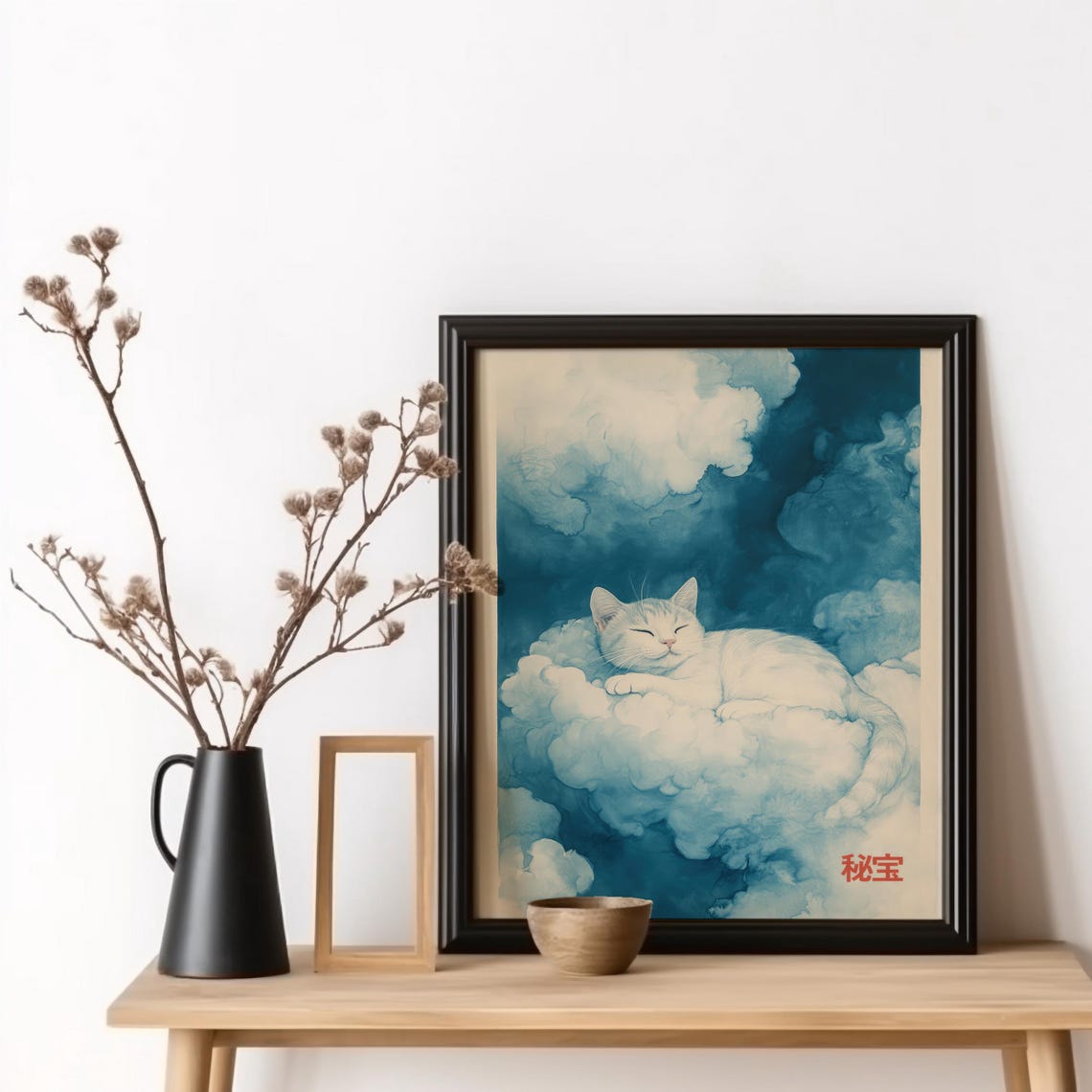 Sleeping Cat in Clouds Dreamy Japanese Inspired Cozy Cat Poster