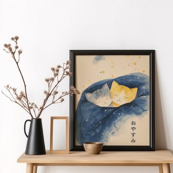 Oyasumi Sleeping Kittens Starry Blue Blanket Japanese Cat Art Poster