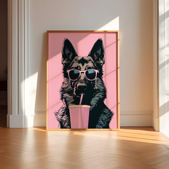 Light Pink German Shepherd Coffee Poster Dog Lover Gift Sunglasses Art Print Funny Wall Pet Owner