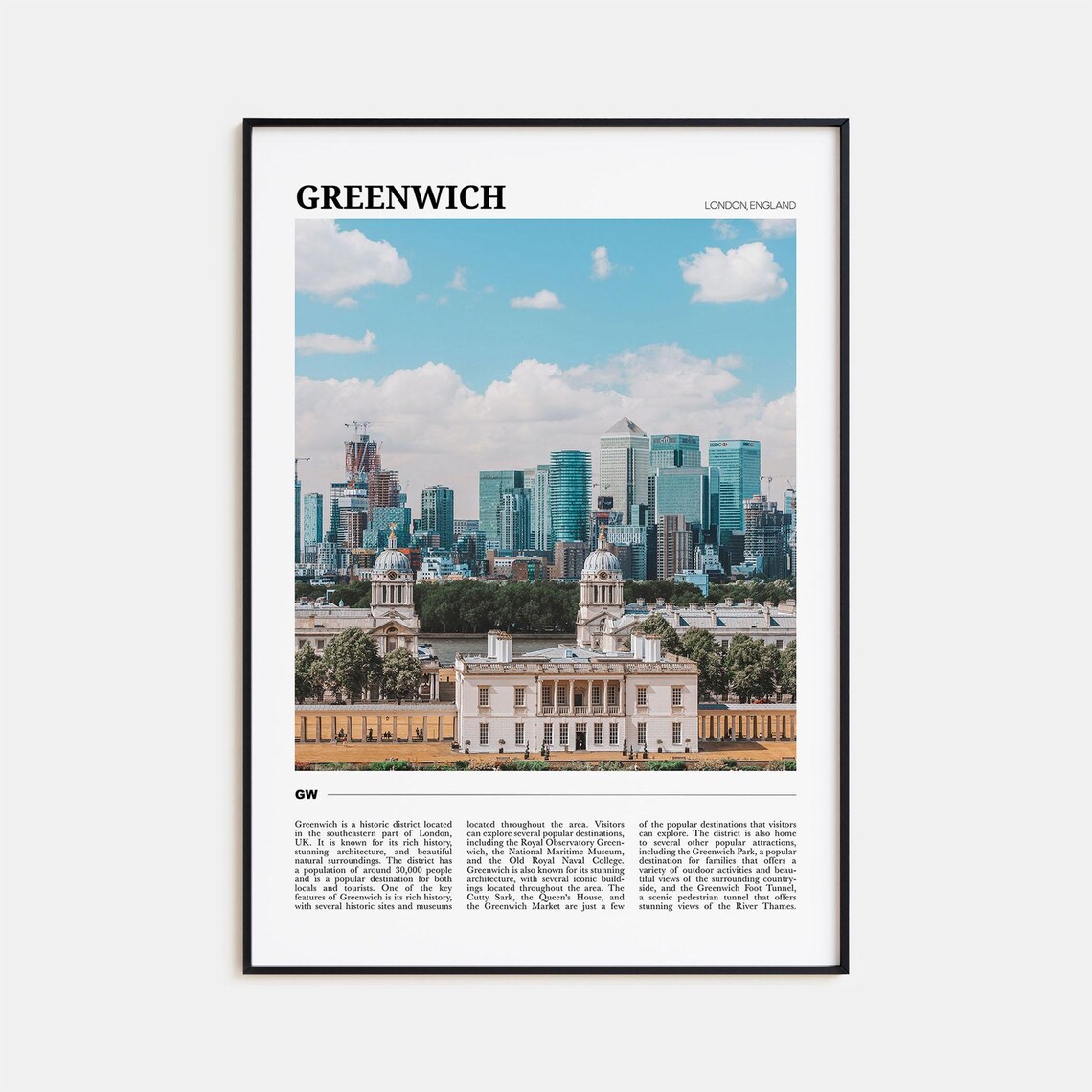 Greenwich London Queens House Canary Wharf Historic Skyline Poster