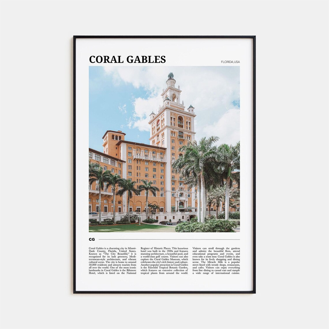 Coral Gables Travel Poster, Florida Travel Print