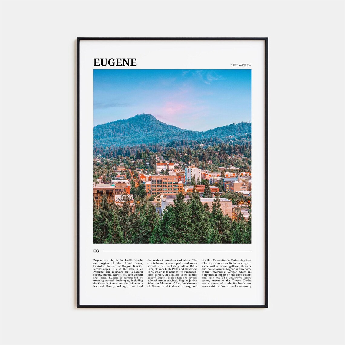 Eugene Oregon USA City Skyline and Forested Hill Travel Poster