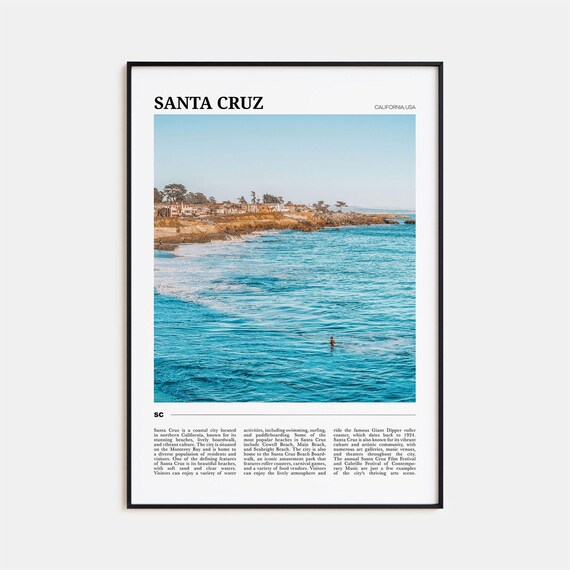 Santa Cruz California Travel Poster Cliffs Turquoise Water Surf View