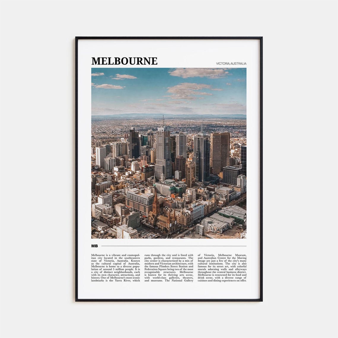 Melbourne Australia Travel Poster City Skyline Aerial Yarra River View