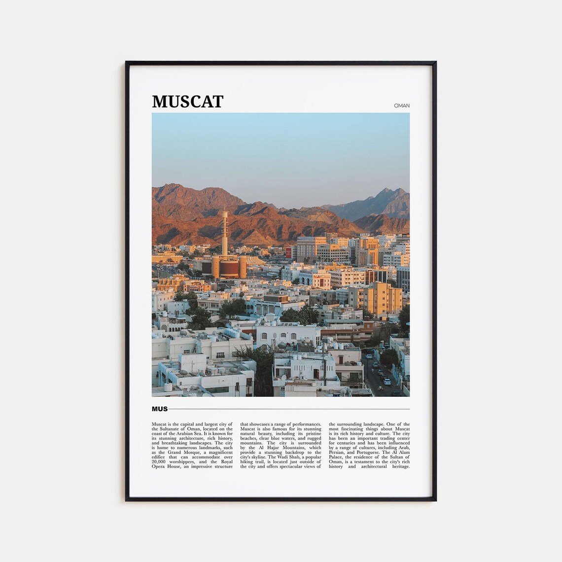 Muscat Oman Travel Poster Mountain City Golden Sunset Skyline View