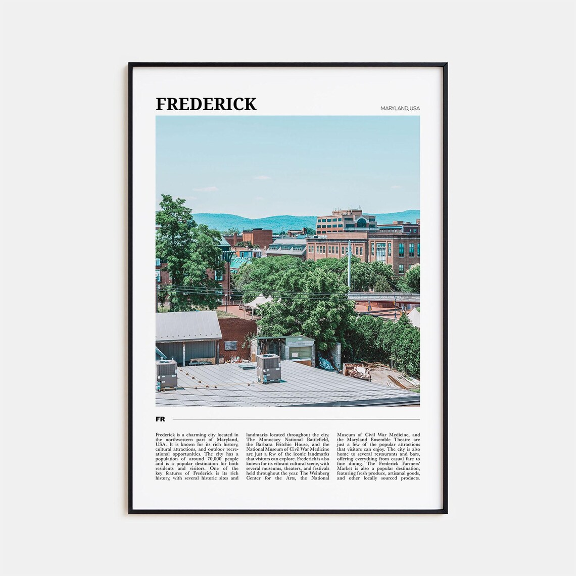 Frederick Maryland USA Historic Skyline Green Hills Travel Poster