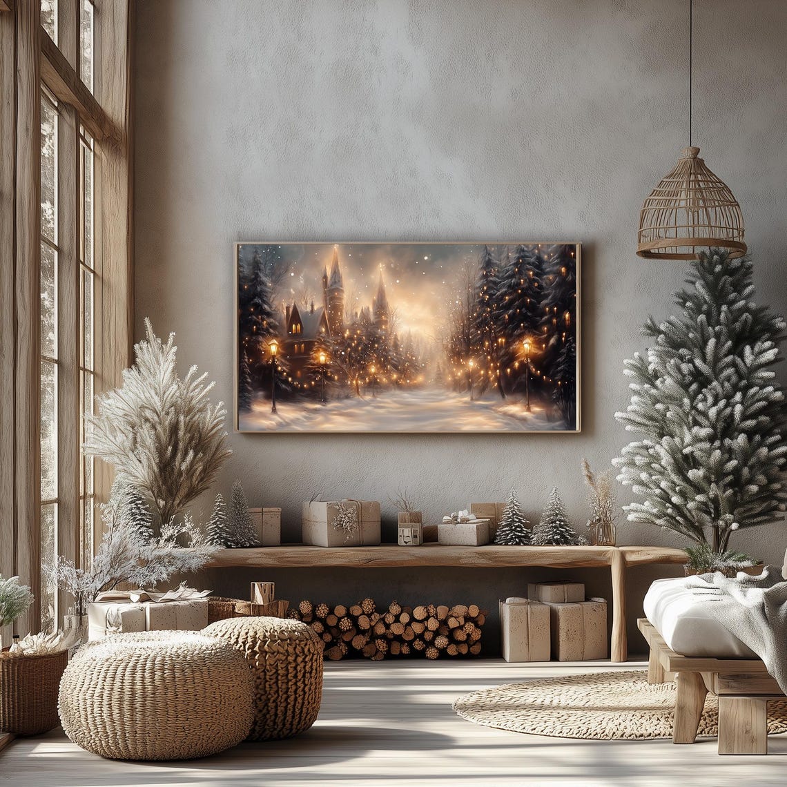 Snowy Castle Village with Glowing Lanterns Winter Frame TV Poster - Image 4