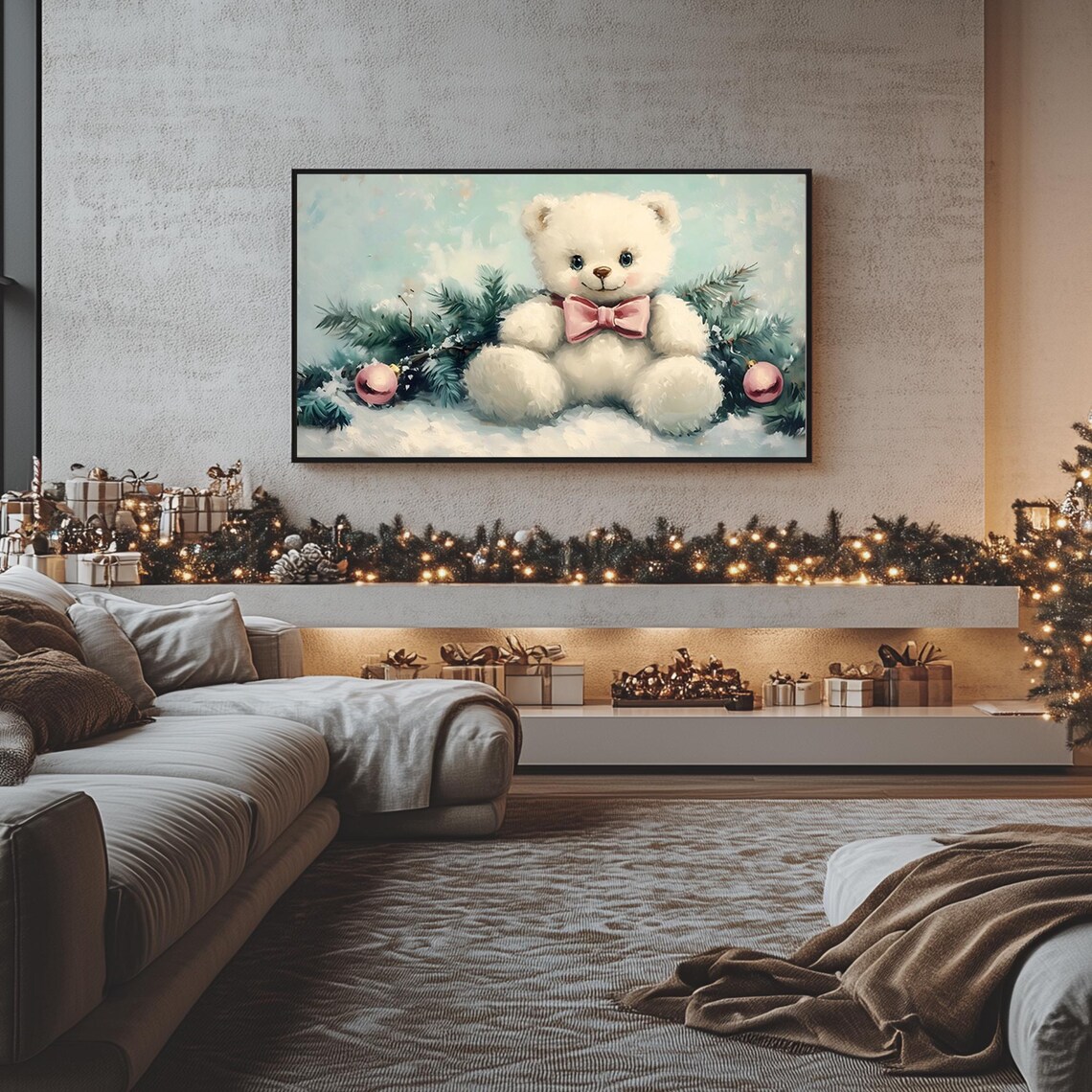 Cute White Teddy Bear with Pink Bow in the Snow Holiday Poster - Image 5