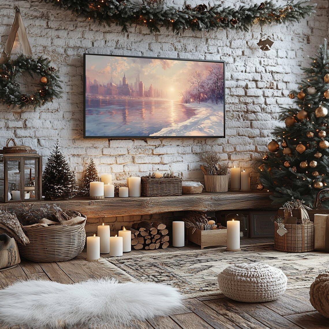 Sunrise Over Snowy City River Winter Landscape Painting Frame TV Poster - Image 3