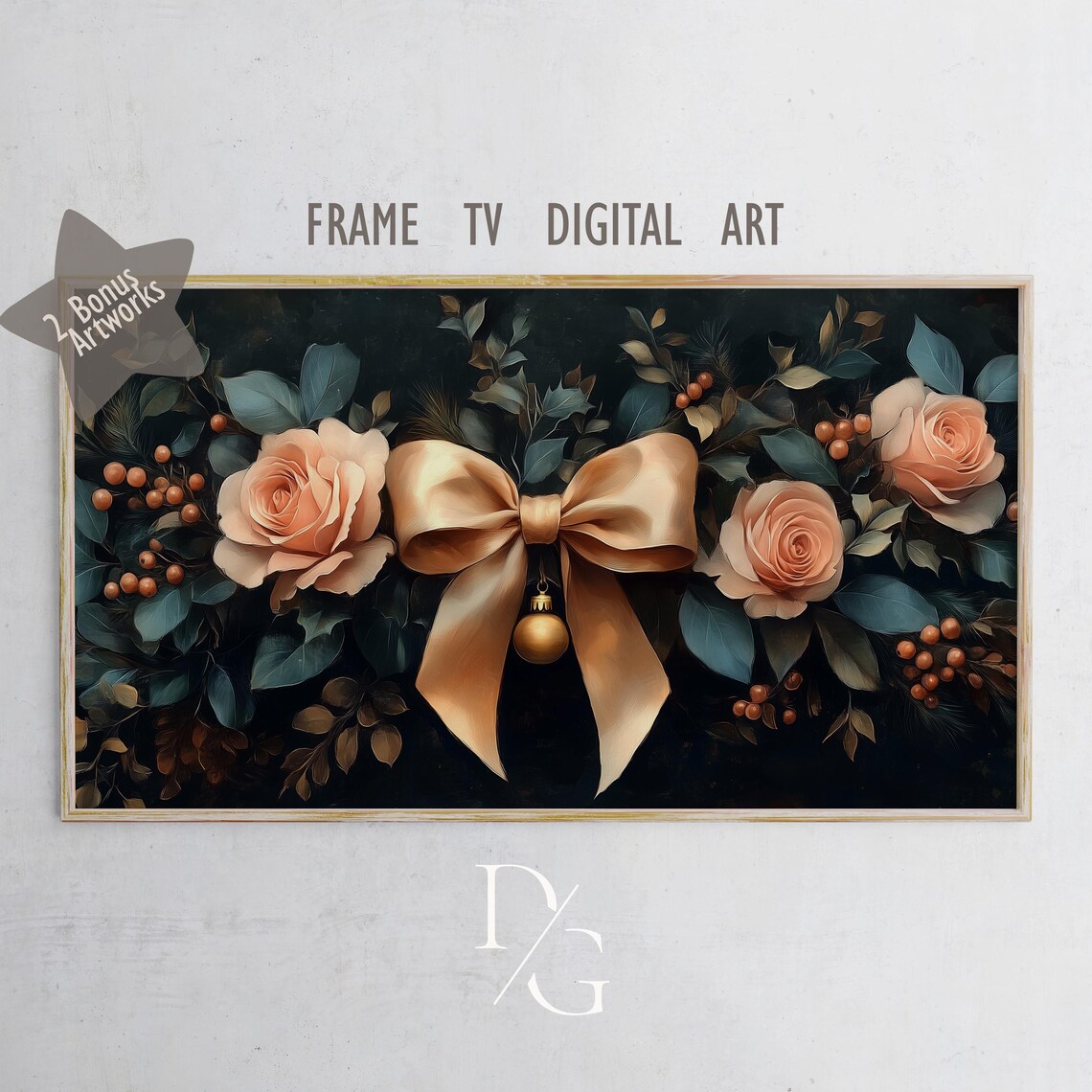 Gold Bow and Roses Christmas Garland Dark Elegant Holiday Poster