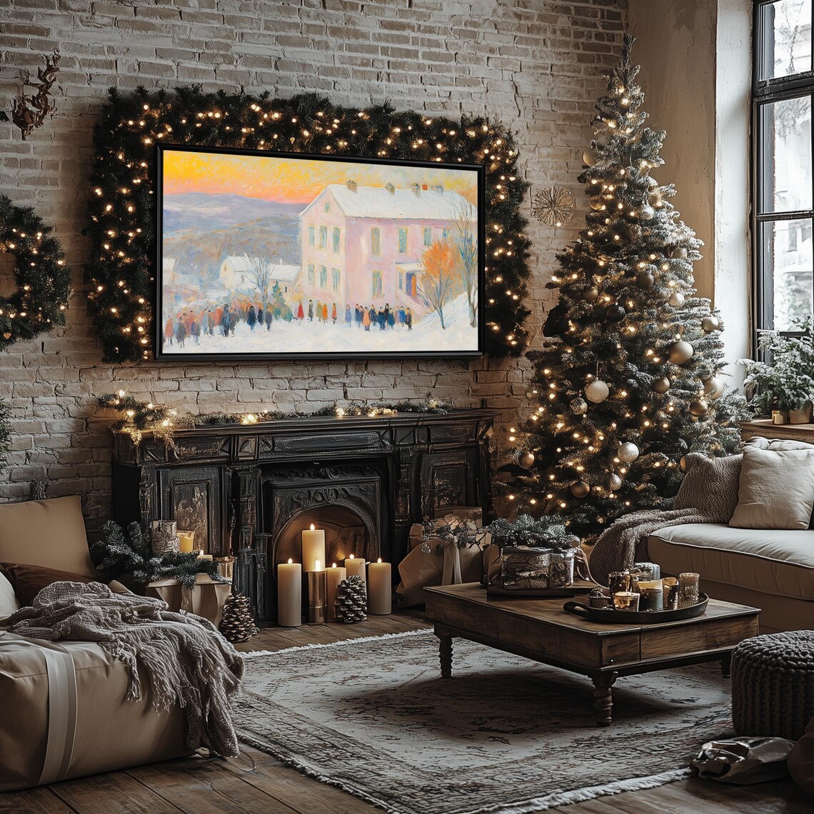 Pastel Winter Gathering Pink House Snowy Dusk Impressionist Frame TV Poster