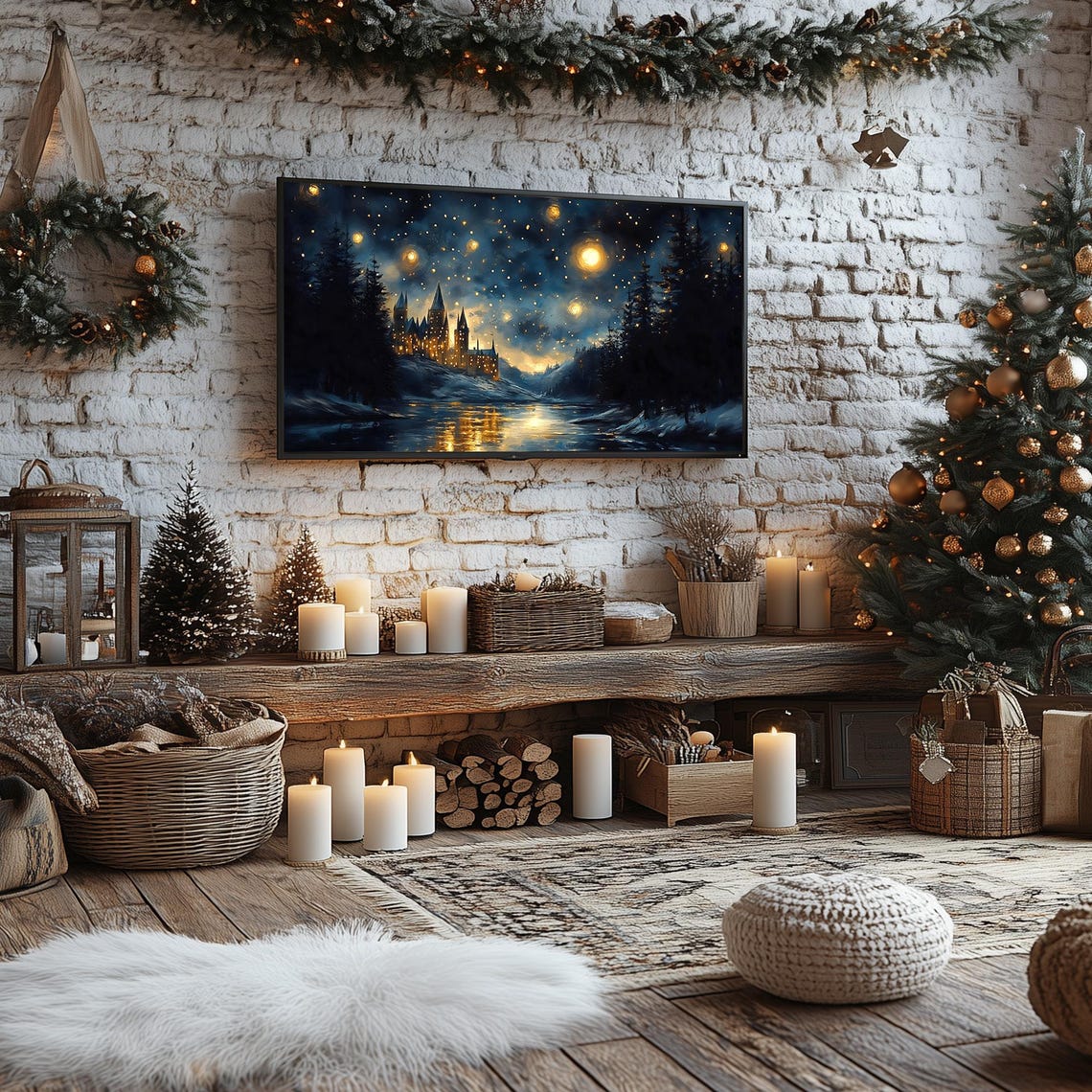 Magical Castle Under Starry Night Sky by Lake Frame TV Poster - Image 3